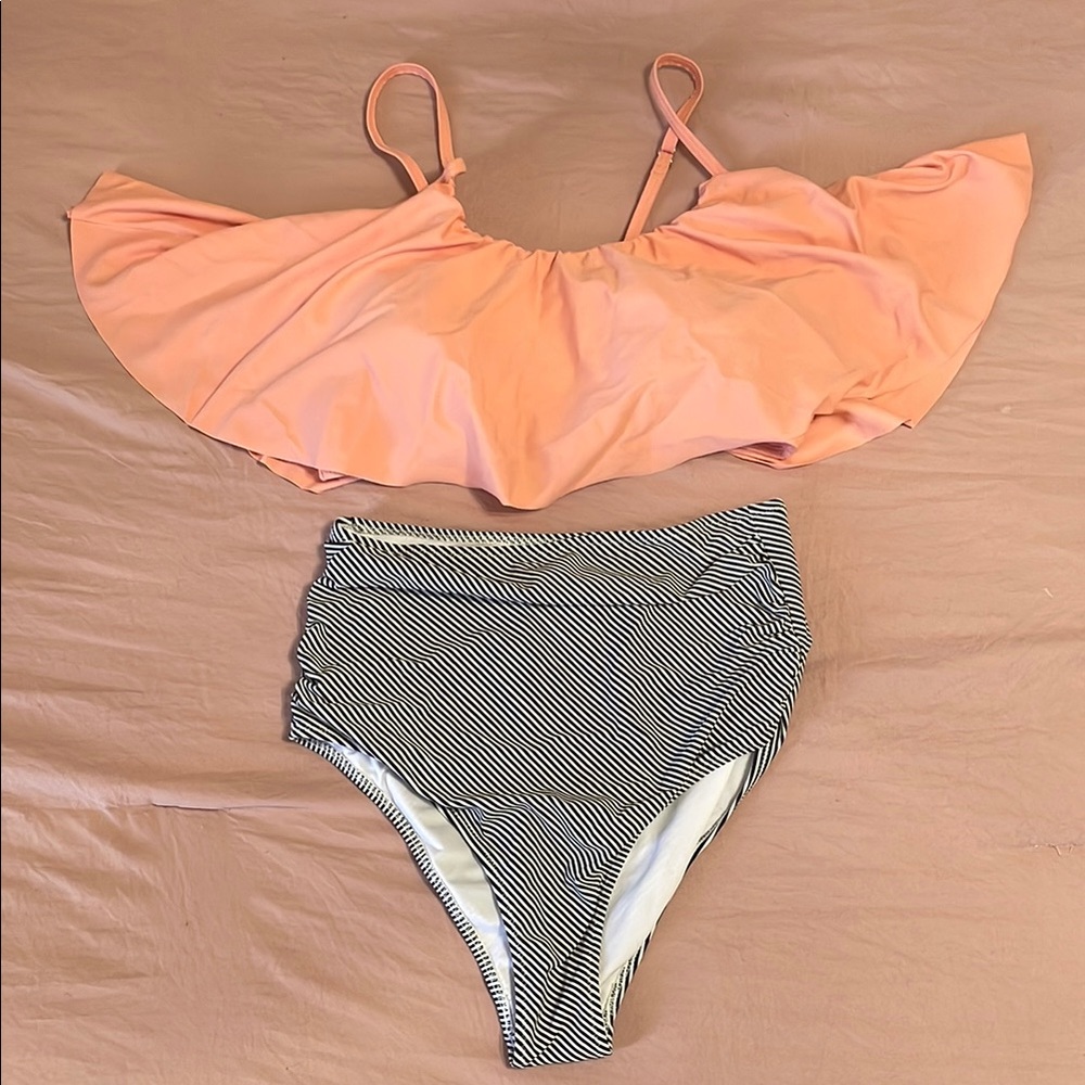 Peach Ruffle Bikini Top and Striped Bottoms